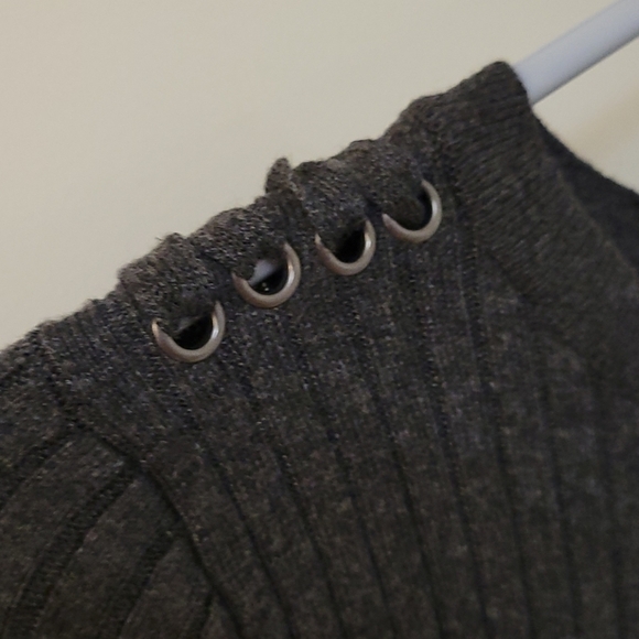 PINK REPUBLIC Dark Gray Ribbed Knit Lace Up Shoulders Sweater - Picture 3 of 8